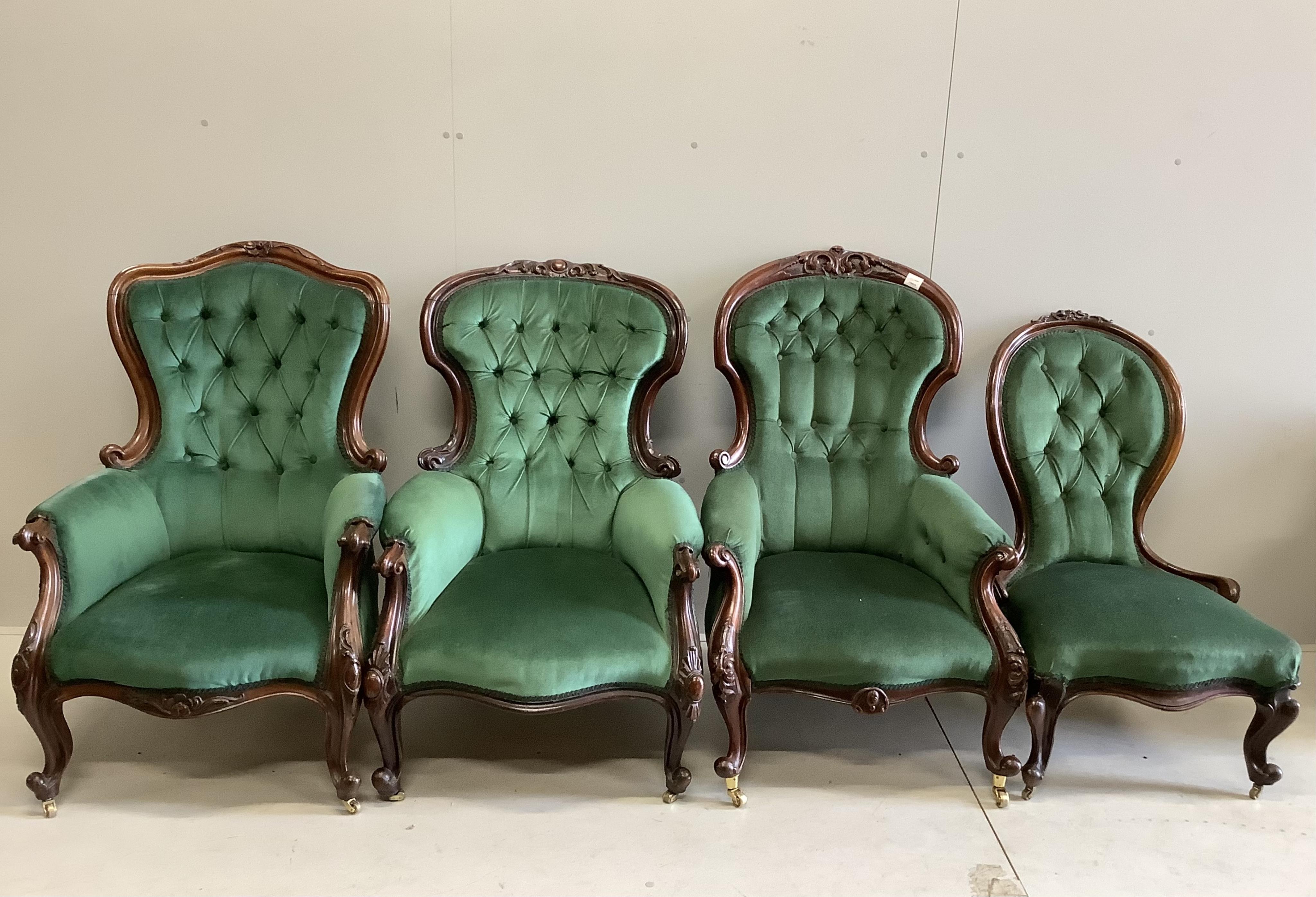 Four Victorian upholstered mahogany spoon back chairs, largest height 110cm. Condition - fair to good